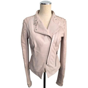 Lamarque Pink Leather Jacket Asymmetrical Zipper Fitted Sz XS